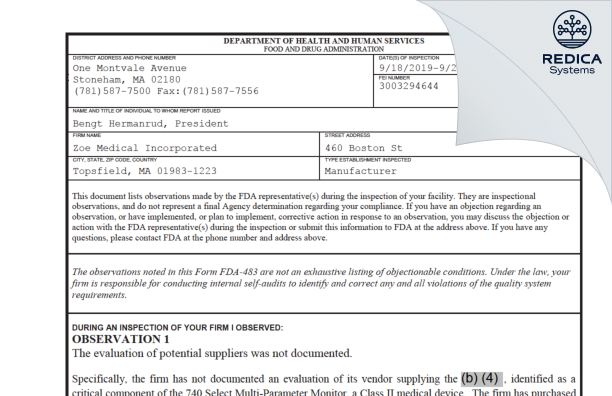 FDA 483 - Zoe Medical Incorporated [Topsfield / United States of America] - Download PDF - Redica Systems