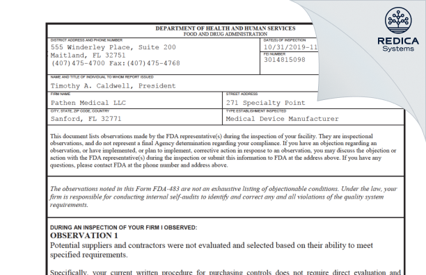 FDA 483 - Pathen Medical LLC [Sanford / United States of America] - Download PDF - Redica Systems