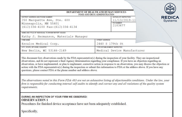 FDA 483 - Escalon Medical Corp. [New Berlin / United States of America] - Download PDF - Redica Systems