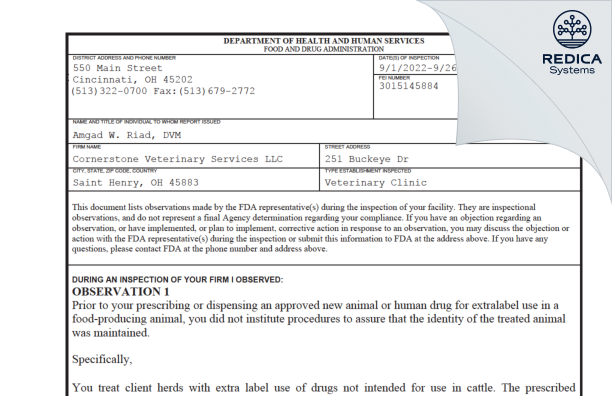 FDA 483 - Cornerstone Veterinary Services LLC [Saint Henry / United States of America] - Download PDF - Redica Systems