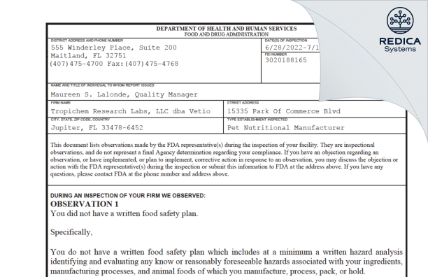 FDA 483 - Tropichem Research Labs, LLC dba Vetio [Jupiter / United States of America] - Download PDF - Redica Systems