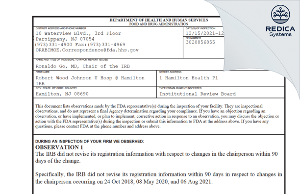 FDA 483 - Robert Wood Johnson U Hosp @ Hamilton IRB [Hamilton / United States of America] - Download PDF - Redica Systems