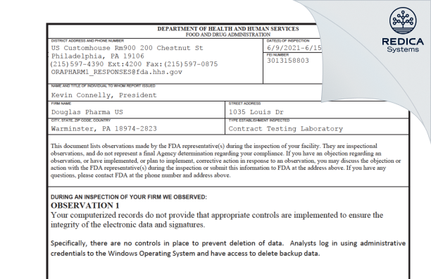 FDA 483 - Douglas Pharma US Inc. [Warminster / United States of America] - Download PDF - Redica Systems
