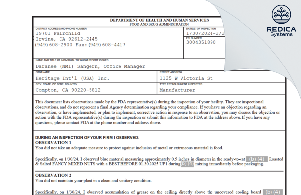 FDA 483 - Heritage International USA Inc. [Compton / United States of America] - Download PDF - Redica Systems