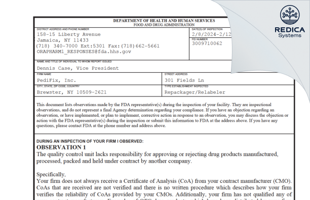 FDA 483 - PEDIFIX, INC. [New York / United States of America] - Download PDF - Redica Systems
