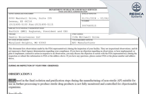 FDA 483 - Sentio BioSciences LLC [Maryland Heights / United States of America] - Download PDF - Redica Systems