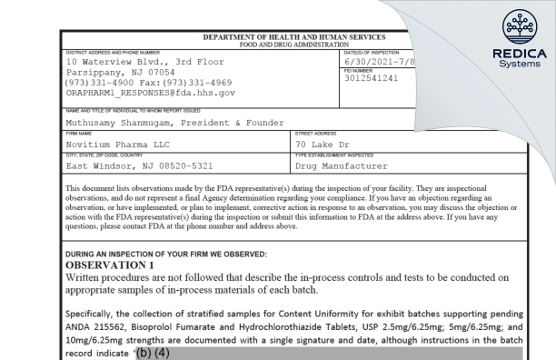 FDA 483 - Novitium Pharma LLC [East Windsor / United States of America] - Download PDF - Redica Systems