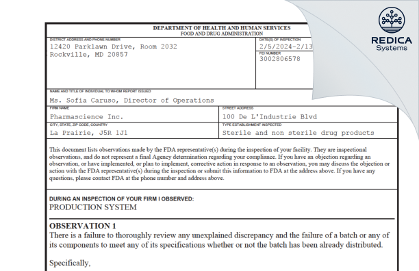 FDA 483 - Pharmascience Inc [Candiac / Canada] - Download PDF - Redica Systems
