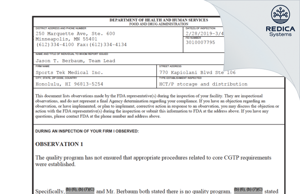 FDA 483 - Sports Tek Medical Inc. [Honolulu / United States of America] - Download PDF - Redica Systems