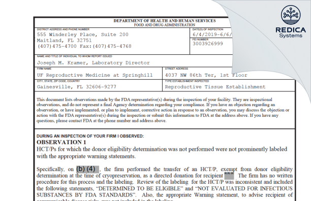 FDA 483 - UF Reproductive Medicine at Springhill [Gainesville / United States of America] - Download PDF - Redica Systems