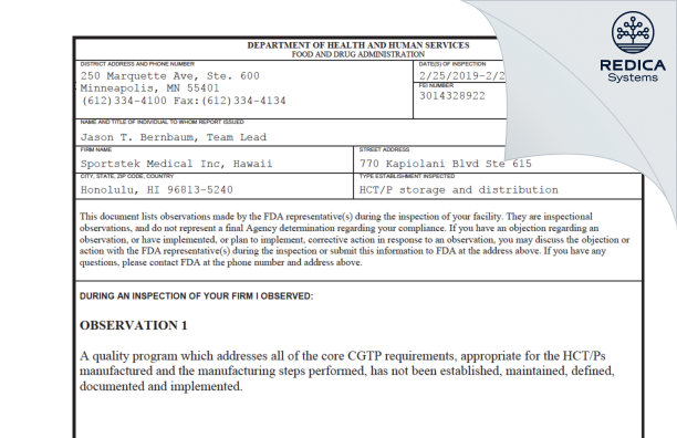 FDA 483 - Sportstek Medical Inc, Hawaii [Honolulu / United States of America] - Download PDF - Redica Systems