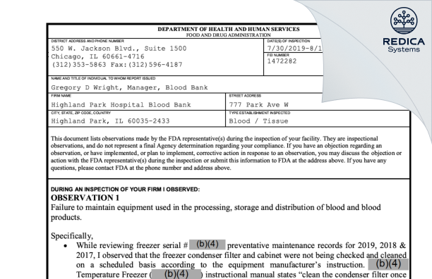 FDA 483 - Highland Park Hospital Blood Bank [Highland Park / United States of America] - Download PDF - Redica Systems