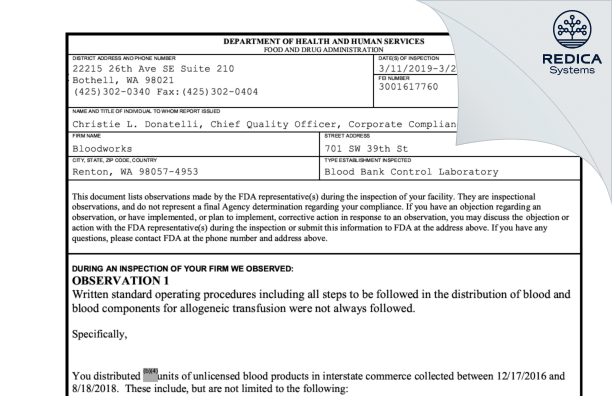 FDA 483 - Bloodworks [Renton / United States of America] - Download PDF - Redica Systems