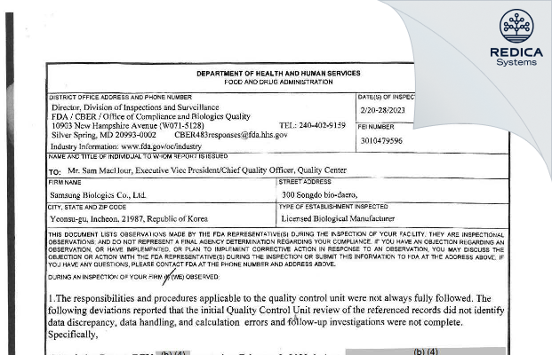 FDA 483 - Samsung Biologics Co., Ltd. [Incheon / -] - Download PDF - Redica Systems