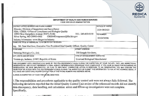 FDA 483 - Samsung Biologics Co., Ltd. [Incheon / Korea (Republic of)] - Download PDF - Redica Systems