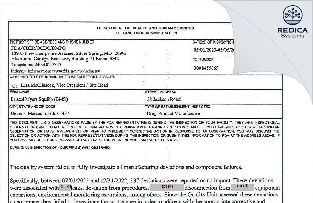 FDA 483 - Bristol-Myers Squibb Company [Devens Massachusetts / United States of America] - Download PDF - Redica Systems