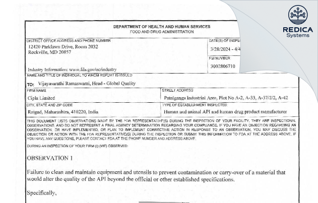 FDA 483 - CIPLA LIMITED [- / -] - Download PDF - Redica Systems