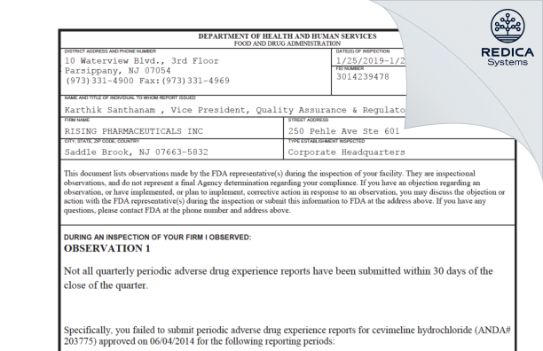 FDA 483 - RISING PHARMACEUTICALS INC [Saddle Brook / United States of America] - Download PDF - Redica Systems