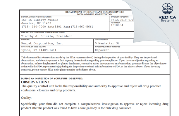 FDA 483 - Ruspak Corporation [Manhattan / United States of America] - Download PDF - Redica Systems