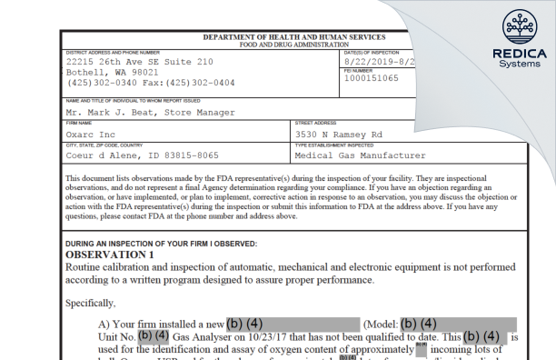 FDA 483 - Oxarc, LLC [Coeur D Alene / United States of America] - Download PDF - Redica Systems