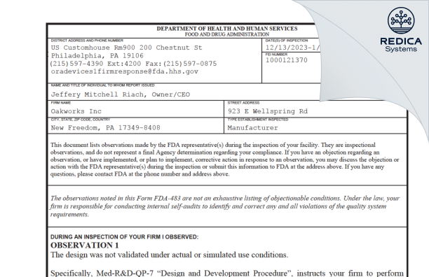 FDA 483 - Oakworks Inc [New Freedom / United States of America] - Download PDF - Redica Systems