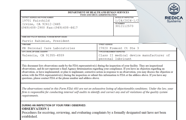 FDA 483 - PR Personal Care Laboratories [Valencia California / United States of America] - Download PDF - Redica Systems