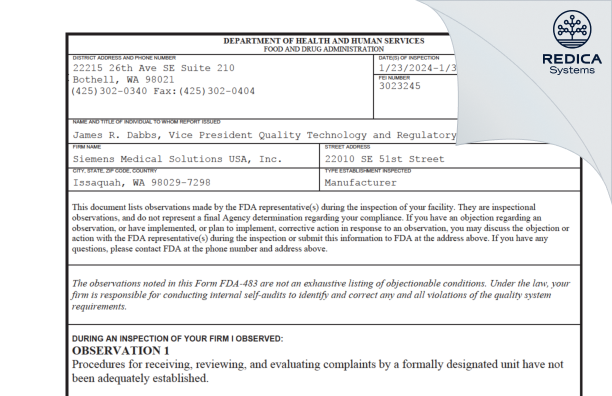 FDA 483 - Siemens Medical Solutions USA, Inc. [Issaquah / United States of America] - Download PDF - Redica Systems