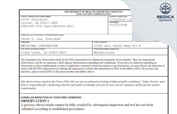 FDA 483 - MEDIPINES CORPORATION [Yorba Linda / United States of America] - Download PDF - Redica Systems