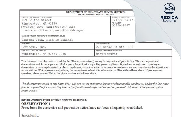 FDA 483 - Corindus, Inc. [Auburndale / United States of America] - Download PDF - Redica Systems