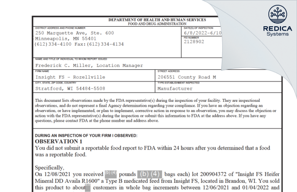 FDA 483 - Insight FS - Rozellville [Stratford / United States of America] - Download PDF - Redica Systems