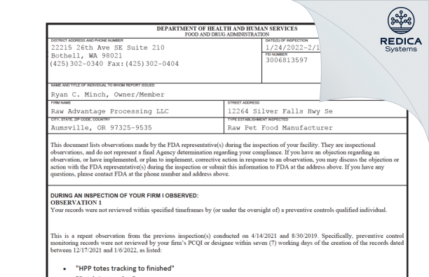 FDA 483 - Raw Advantage Processing LLC [Aumsville / United States of America] - Download PDF - Redica Systems