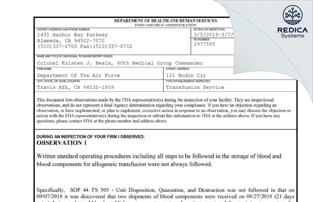 FDA 483 - Department Of The Air Force [Travis Afb / United States of America] - Download PDF - Redica Systems