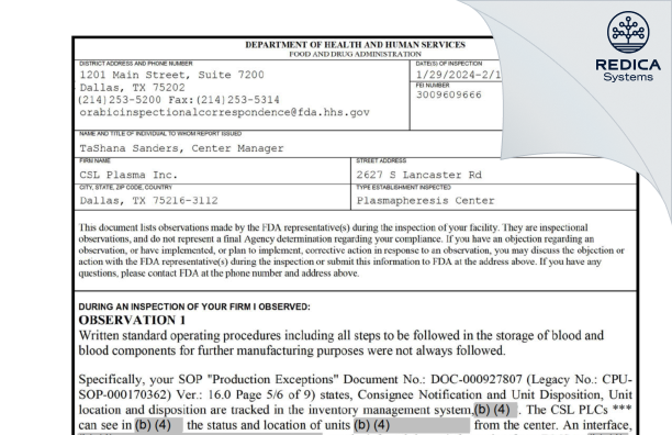 FDA 483 - CSL Plasma Inc. [Dallas / United States of America] - Download PDF - Redica Systems