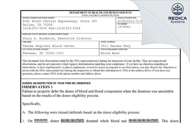 FDA 483 - Texoma Regional Blood Center [Sherman / United States of America] - Download PDF - Redica Systems