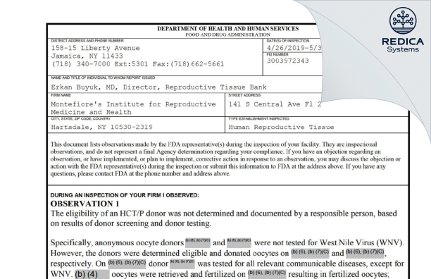 FDA 483 - Montefiore's Institute for Reproductive Medicine and Health [Hartsdale / United States of America] - Download PDF - Redica Systems