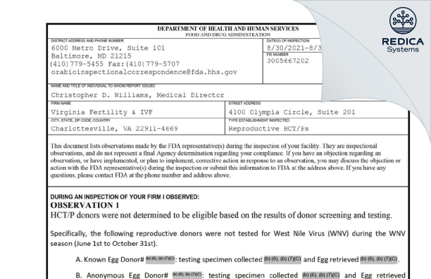 FDA 483 - Virginia Fertility & IVF [Charlottesville / United States of America] - Download PDF - Redica Systems