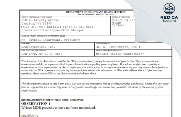 FDA 483 - Neurodynamics, Inc. [New York / United States of America] - Download PDF - Redica Systems