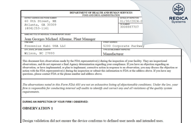 FDA 483 - Fresenius Kabi USA, LLC [Wilson / United States of America] - Download PDF - Redica Systems