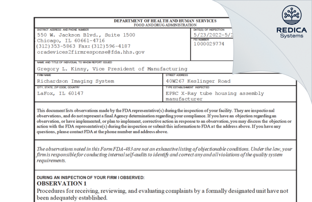 FDA 483 - Richardson Electronics Ltd. [Lafox / United States of America] - Download PDF - Redica Systems