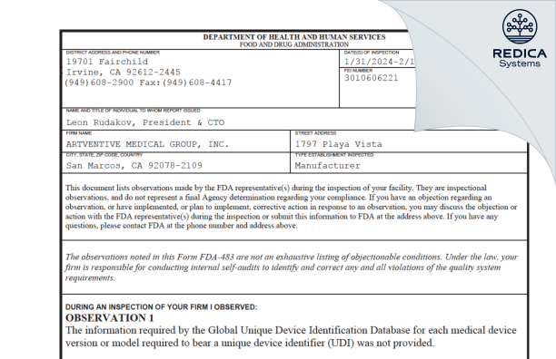 FDA 483 - ARTVENTIVE MEDICAL GROUP, INC. [San Marcos / United States of America] - Download PDF - Redica Systems