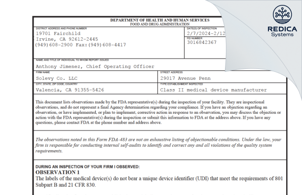 FDA 483 - Solevy Co. LLC [Valencia / United States of America] - Download PDF - Redica Systems