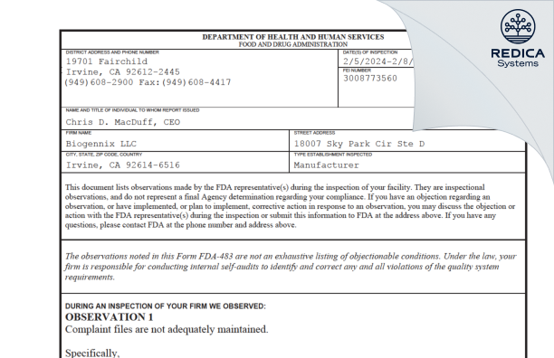 FDA 483 - Biogennix LLC [Irvine / United States of America] - Download PDF - Redica Systems