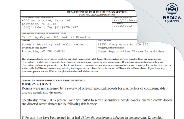 FDA 483 - Women's Fertility and Health Center [Rockville / United States of America] - Download PDF - Redica Systems