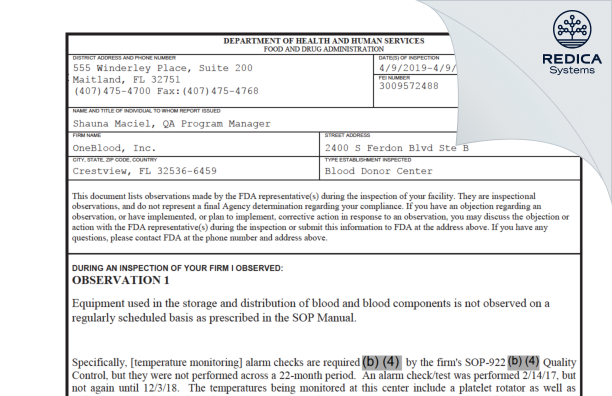FDA 483 - OneBlood - Crestview [Crestview / United States of America] - Download PDF - Redica Systems