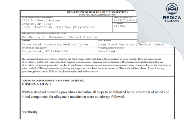 FDA 483 - Stony Brook University Medical Center [Stony Brook / United States of America] - Download PDF - Redica Systems