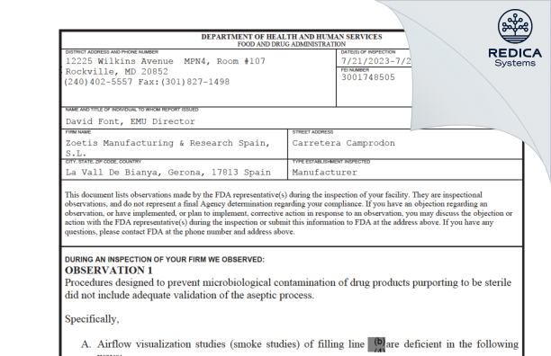 FDA 483 - Zoetis Manufacturing & Research Spain, S.L. [Spain / Spain] - Download PDF - Redica Systems