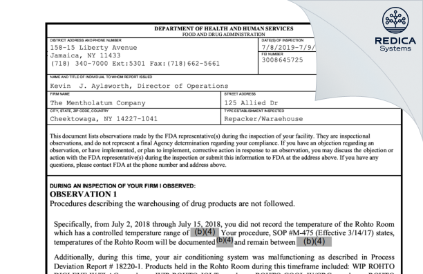 FDA 483 - Mentholatum Company, The [York / United States of America] - Download PDF - Redica Systems
