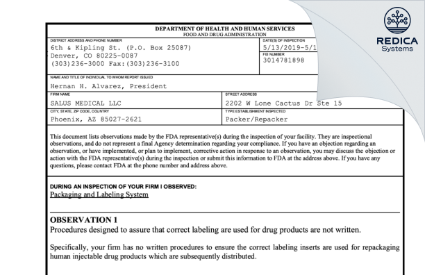 FDA 483 - SALUS MEDICAL LLC [Phoenix / United States of America] - Download PDF - Redica Systems