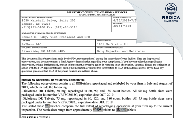 FDA 483 - REPHARM LLC [Riverside / United States of America] - Download PDF - Redica Systems