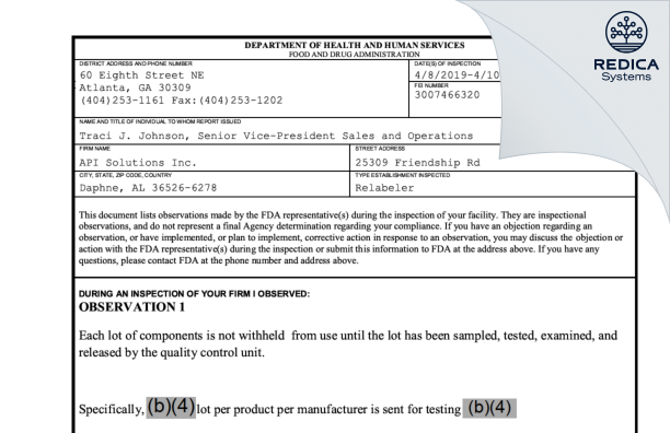 FDA 483 - API Solutions Inc. [Daphne / United States of America] - Download PDF - Redica Systems